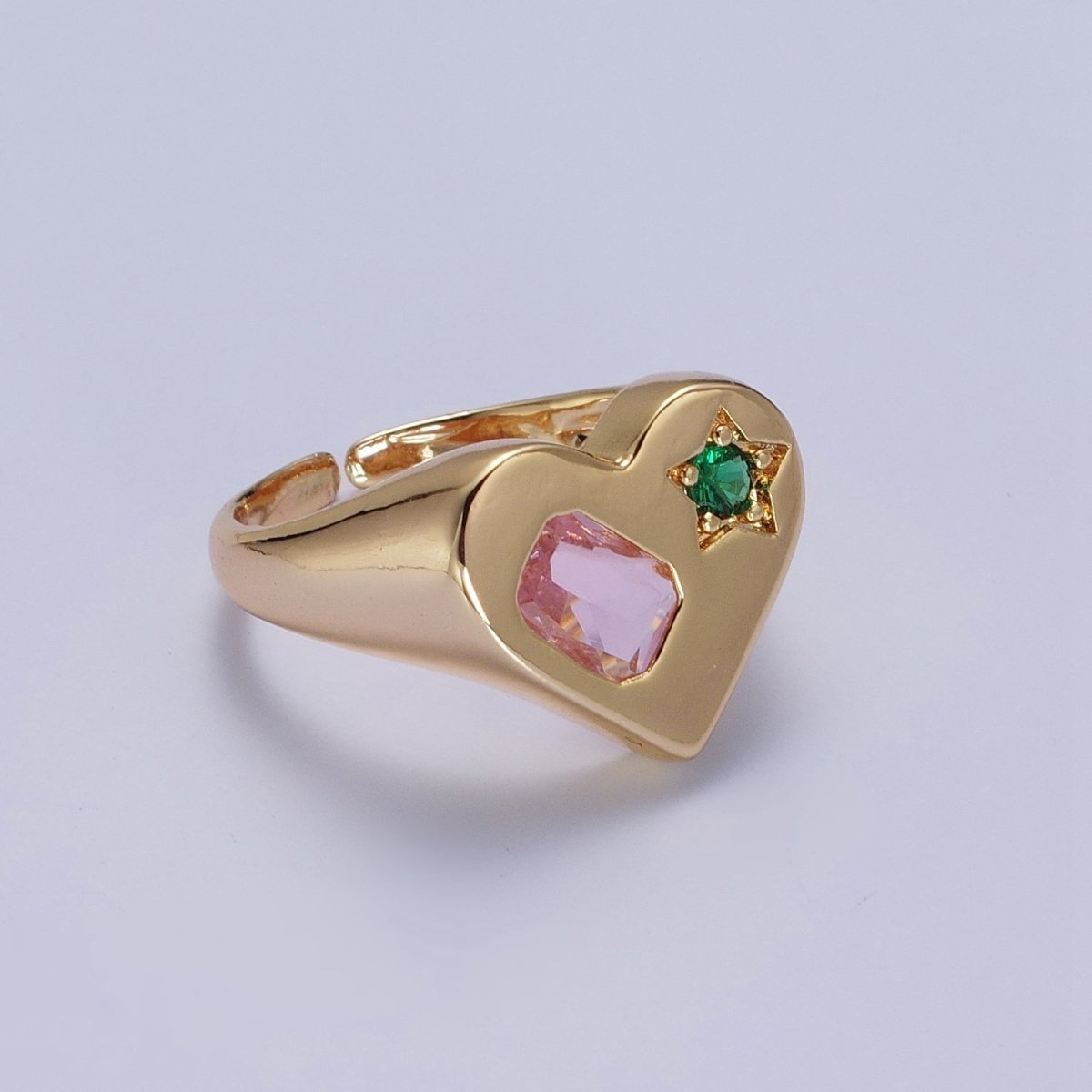 Gold Heart Signet Ring with Pink & Green Cubic Zirconia Baguette Star Stones | X-616 - DLUXCA