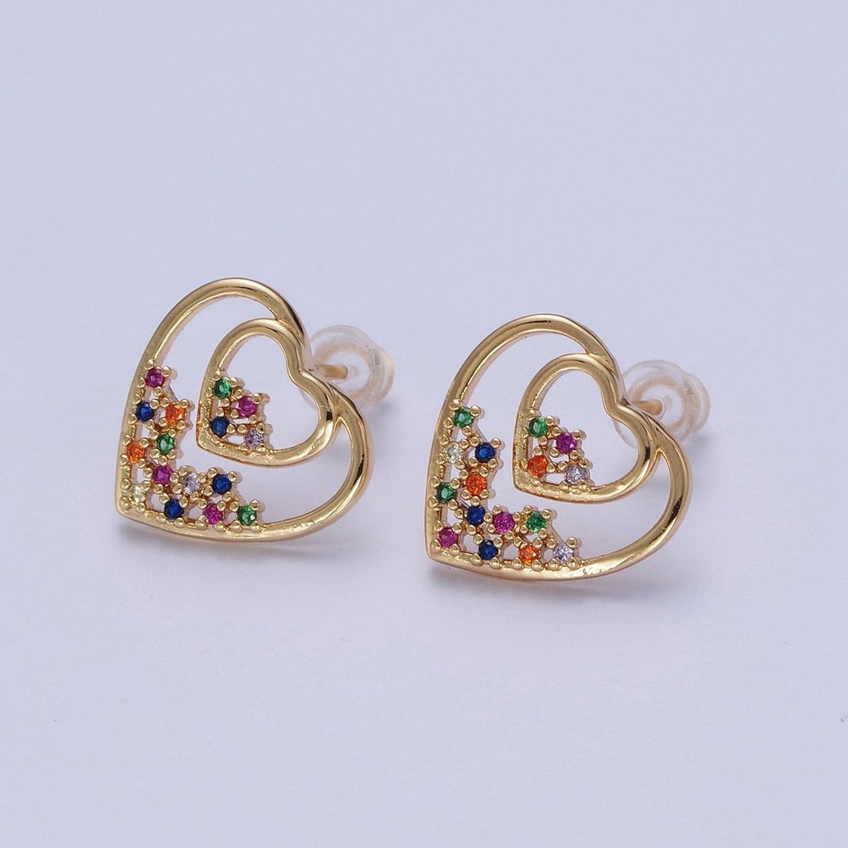 Gold Heart Stud Earring Rainbow Cz Stud Earring AE-1026 - DLUXCA