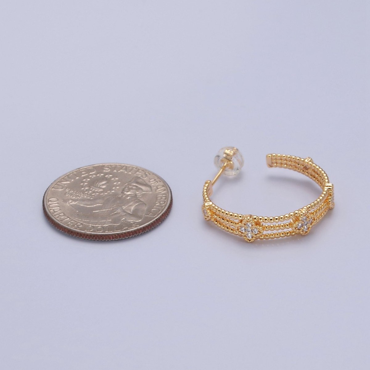 Gold Hoop Earring with Clover CZ for Lucky Jewelry T-381 - DLUXCA