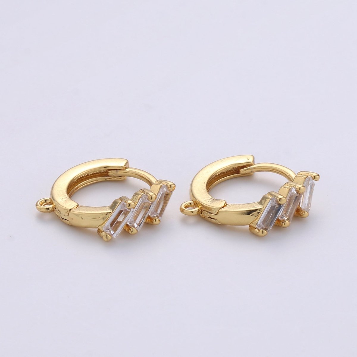 GOLD HUGGIE EARRINGS, 14K Gold Cubic Zirconia Hoops, Clear Rectangle Crystal Loops, Huggie Hoop Earring, Hoop Earrings, Huggie Earrings K-834 - DLUXCA