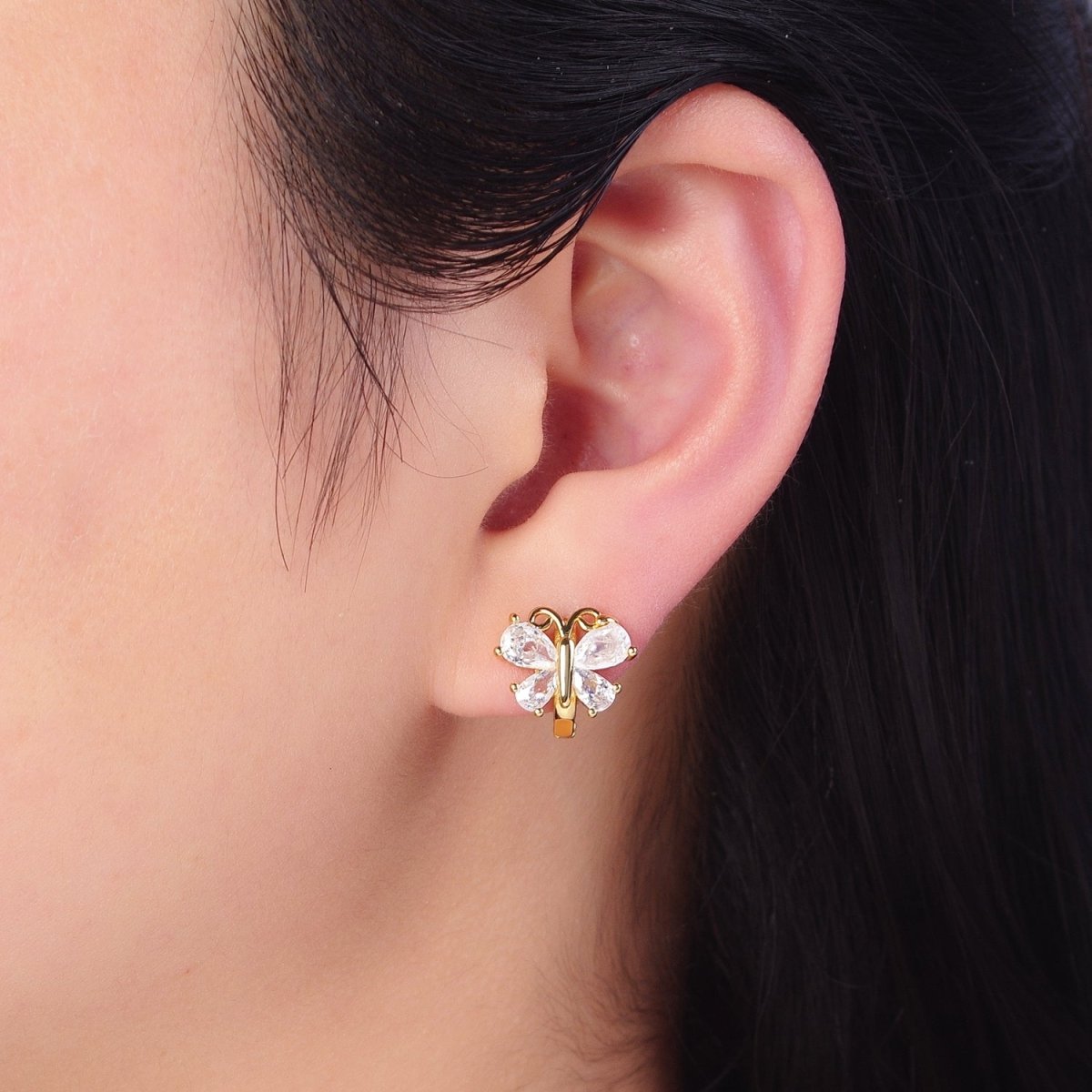 Gold Huggie Earrings Dainty Clear Cubic Zirconia Butterfly Hoop Earrings for Women T-394 - DLUXCA