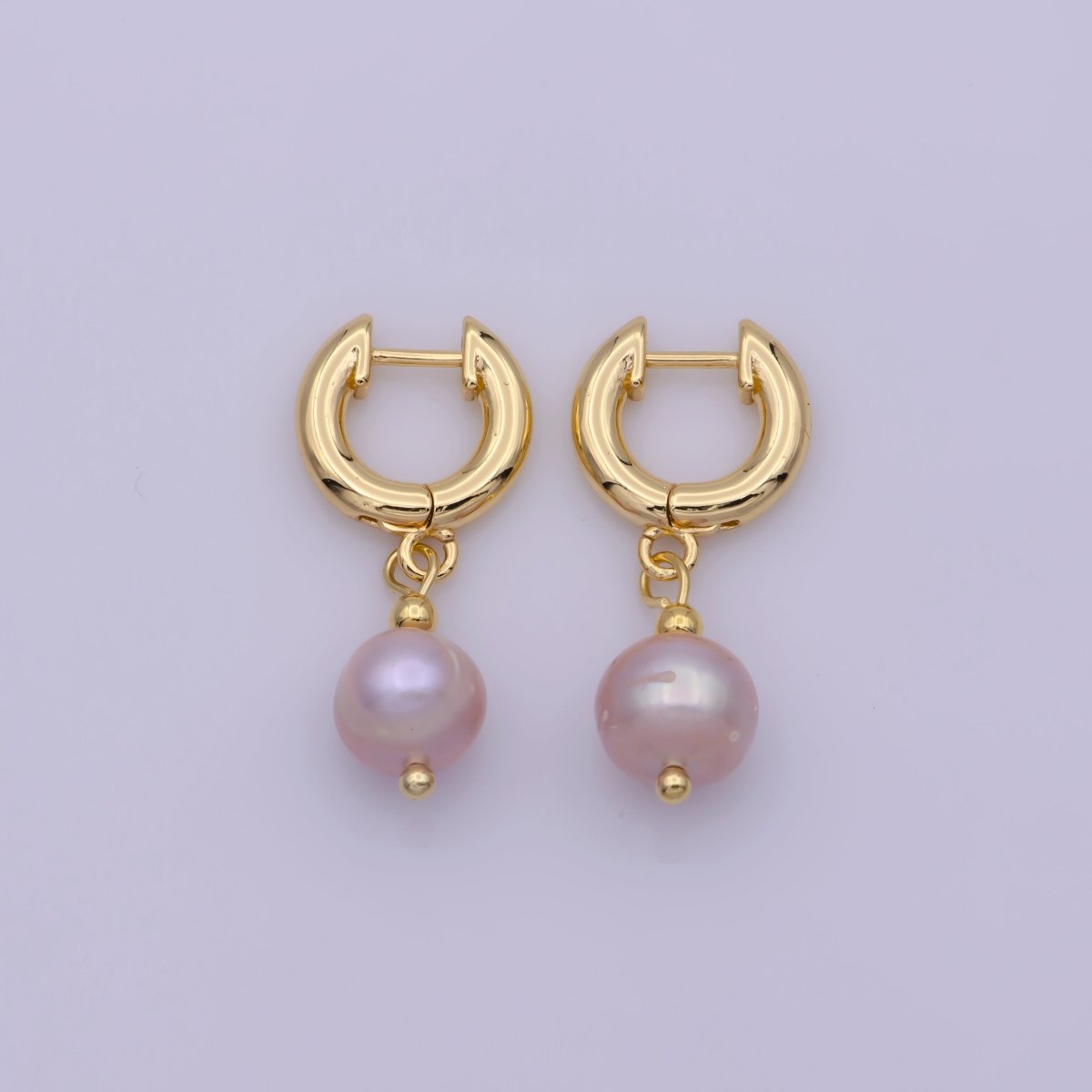 Gold Huggie Pink Pearl Earrings Freshwater, Dangle Champagne Pearl Earrings Round Blush Pink Wedding Jewelry Bridesmaids T-241 - DLUXCA