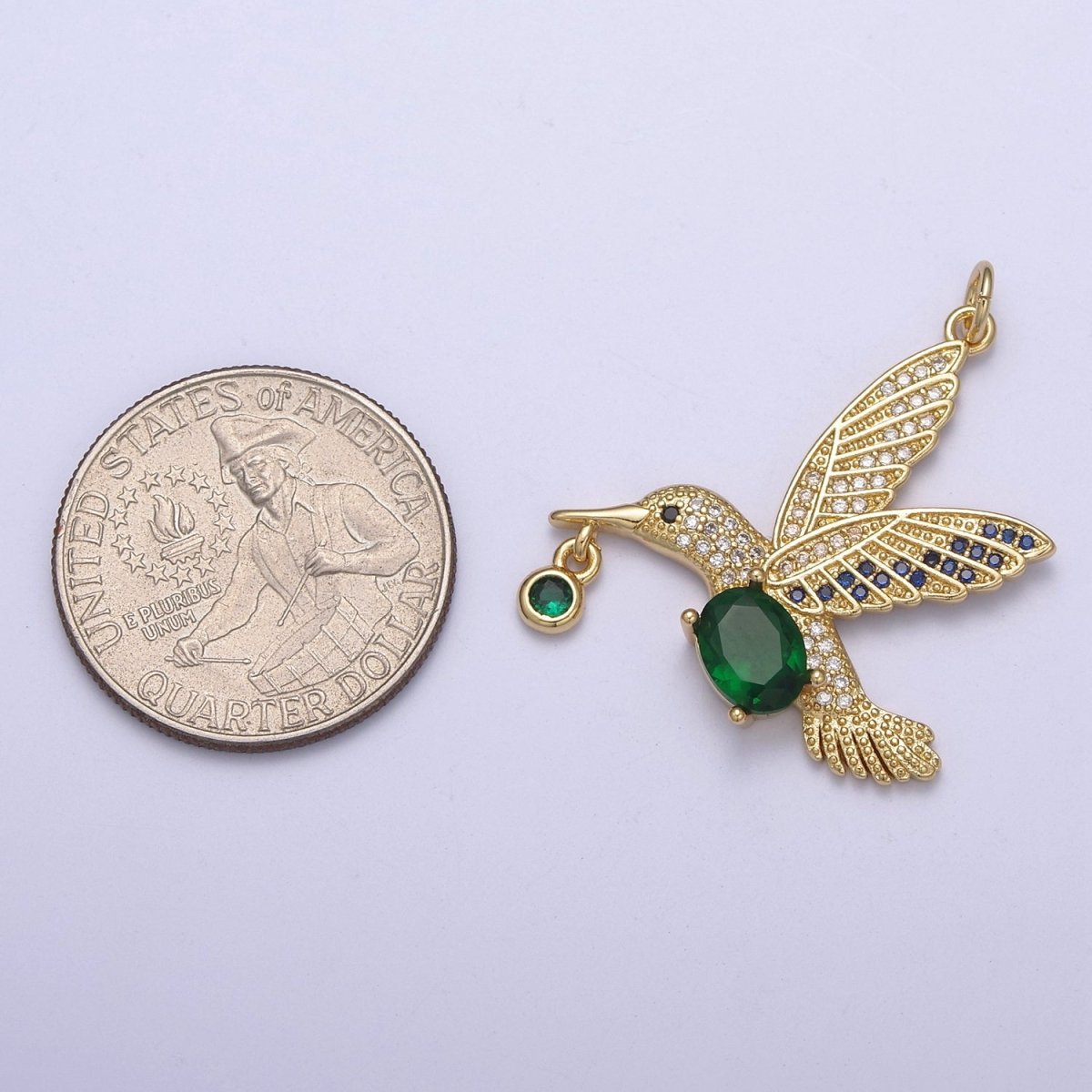 Gold Hummingbird Charm 24k Gold Filled Humming Bird Pendant 36mmx28.1mm gold Green Cz Animal jewelry C-308