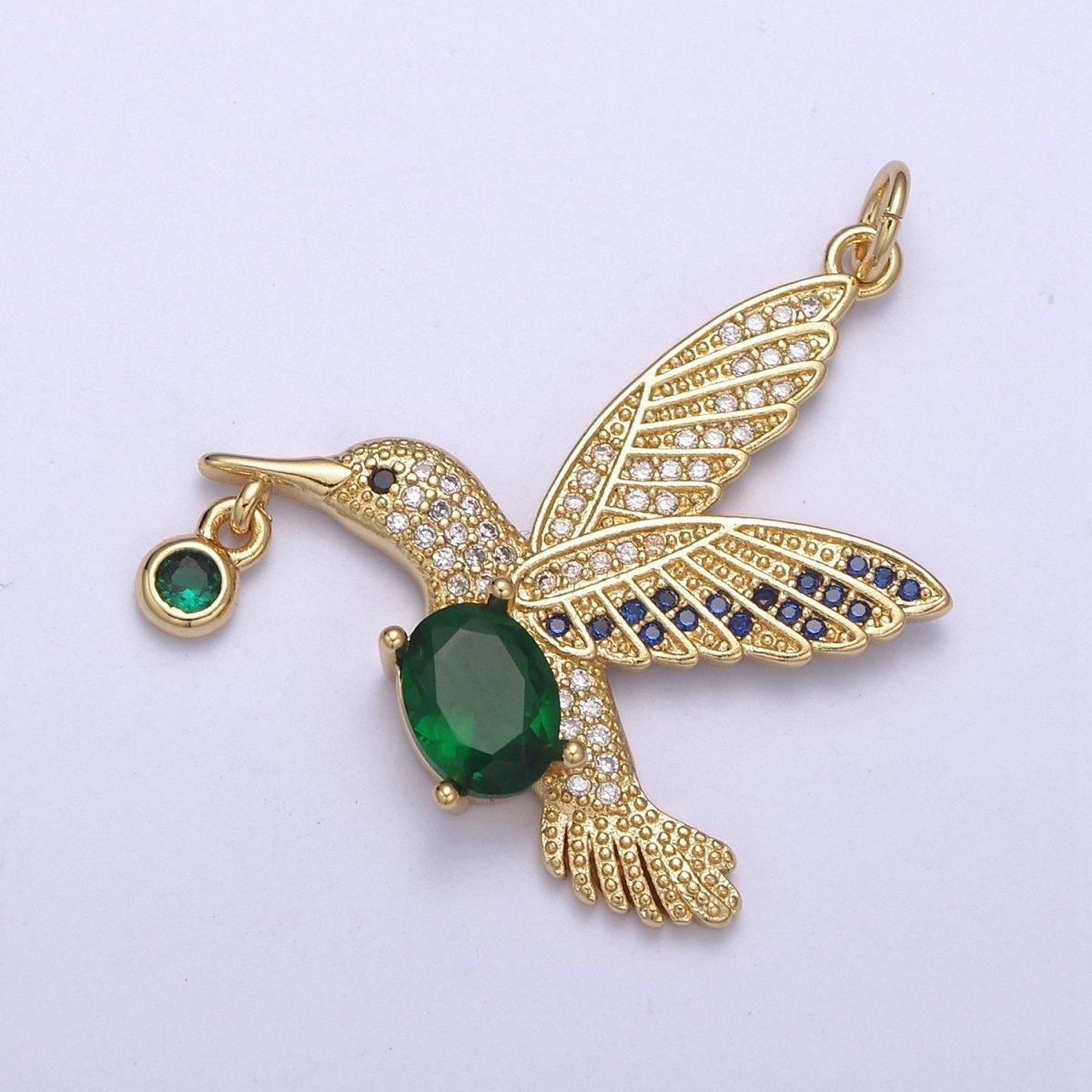 Gold Hummingbird Charm 24k Gold Filled Humming Bird Pendant 36mmx28.1mm gold Green Cz Animal jewelry C-308