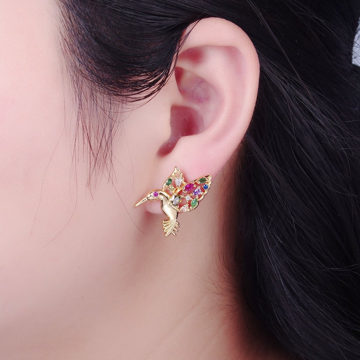 GOLD Hummingbird Stud Earrings, Bird Gift Pave Earrings T-519 - DLUXCA