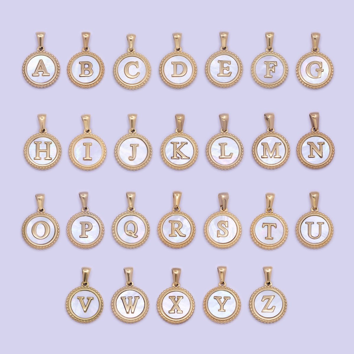 Gold Initial Letter Necklace Pendant Alphabet Charm Shell Pearl Letter Minimalist Jewelry Supply Coin Pendant for Necklace Bracelet A-888-A-900