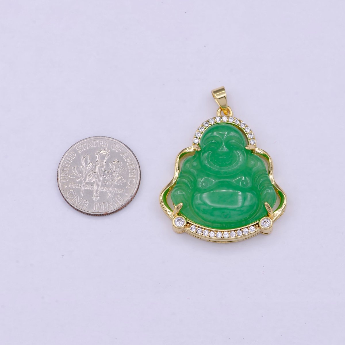 Gold Jade Buddha Pendant Micro Pave Bezel Natural Stone Laughing Buddha Jade Gold Filled Pendant, O-104 - DLUXCA