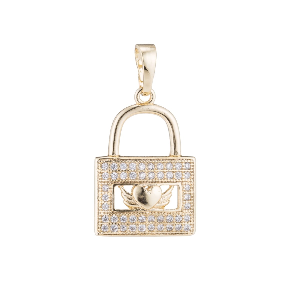 Gold Lock Heart, Wings, Romantic, Love, Romance, Couple DIY Cubic Zirconia Necklace Pendant Charm Bead Bails Findings for Jewelry Making H-072 - DLUXCA