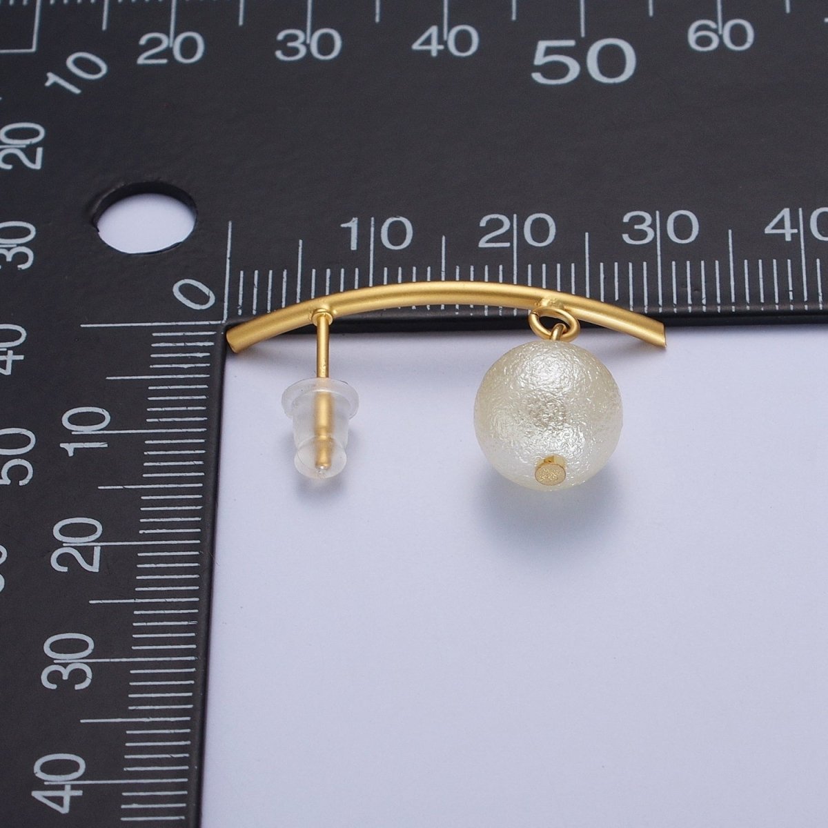 Gold Long Arc Line Drop White Pearl Geometric Stud Earrings | X-866 - DLUXCA