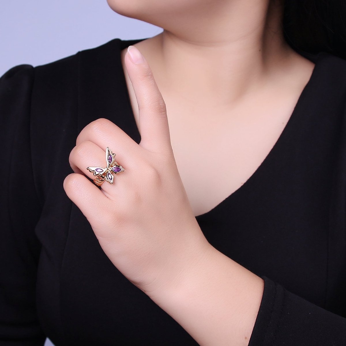 Gold Mariposa Ring Purple Butterfly Rig in 18k Gold Filled Band Statement Jewelry O-2077 - DLUXCA