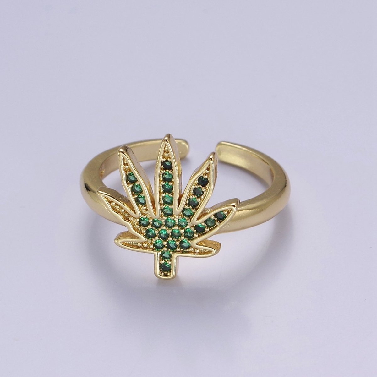 Gold Mary Jane Ring Green Weed Ring Open Adjustable Ring O-2159 - DLUXCA