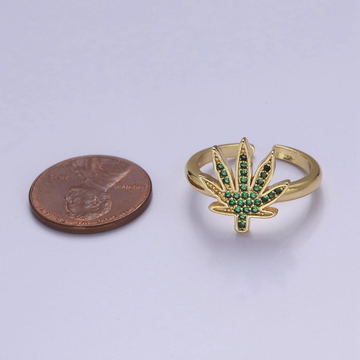 Gold Mary Jane Ring Green Weed Ring Open Adjustable Ring O-2159 - DLUXCA