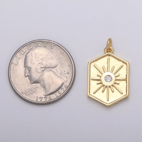 Gold Medallion Charm 14k Gold Filled Hexagon Pendant Gold Sunburst Charm Necklace Boho Chic Gold Geometric Necklace Celestial Jewelry Charm E-220 - DLUXCA