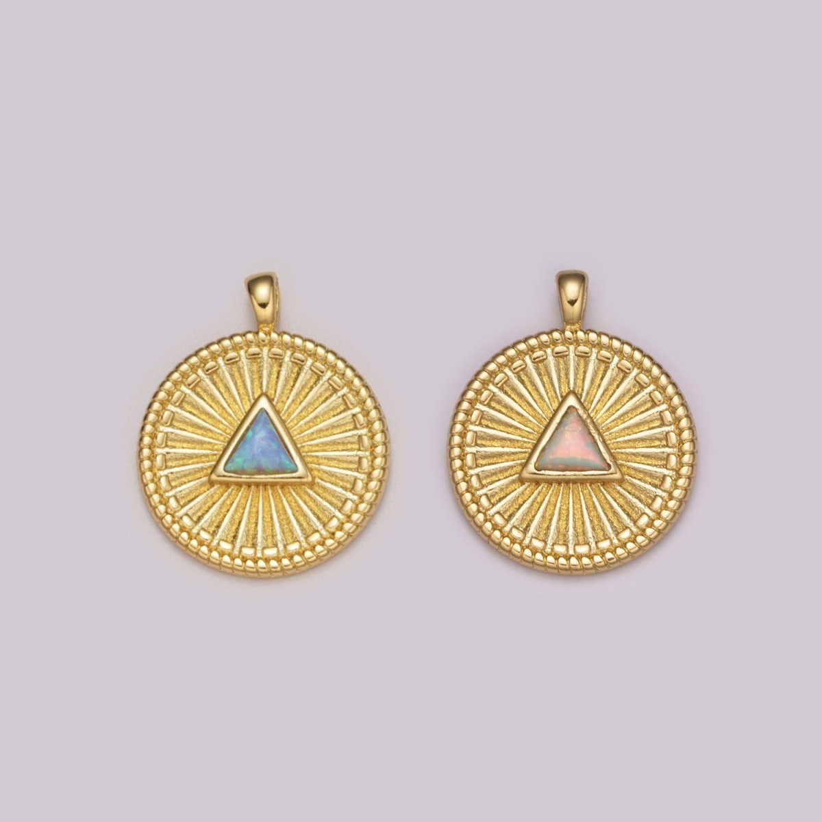 Gold Medallion Charm, Opal Triangle Coin Charm SunBurst Geometric Amulet Layering Necklace charm N-1438, N-1483