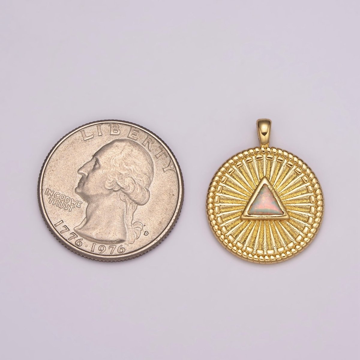 Gold Medallion Charm, Opal Triangle Coin Charm SunBurst Geometric Amulet Layering Necklace charm N-1438, N-1483