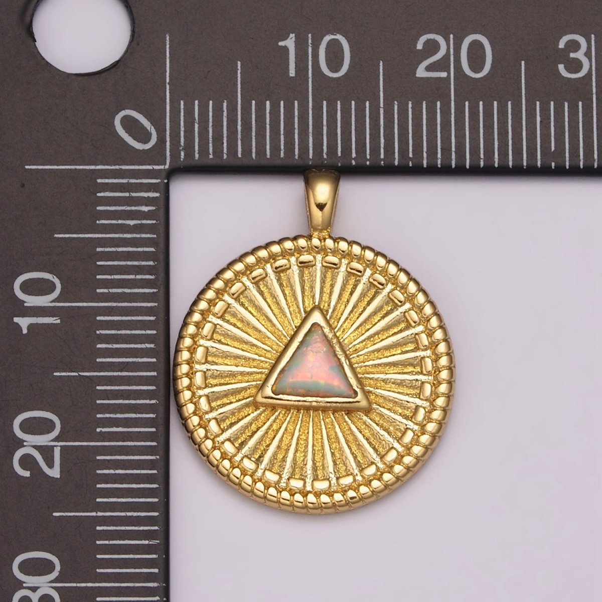 Gold Medallion Charm, Opal Triangle Coin Charm SunBurst Geometric Amulet Layering Necklace charm N-1438, N-1483