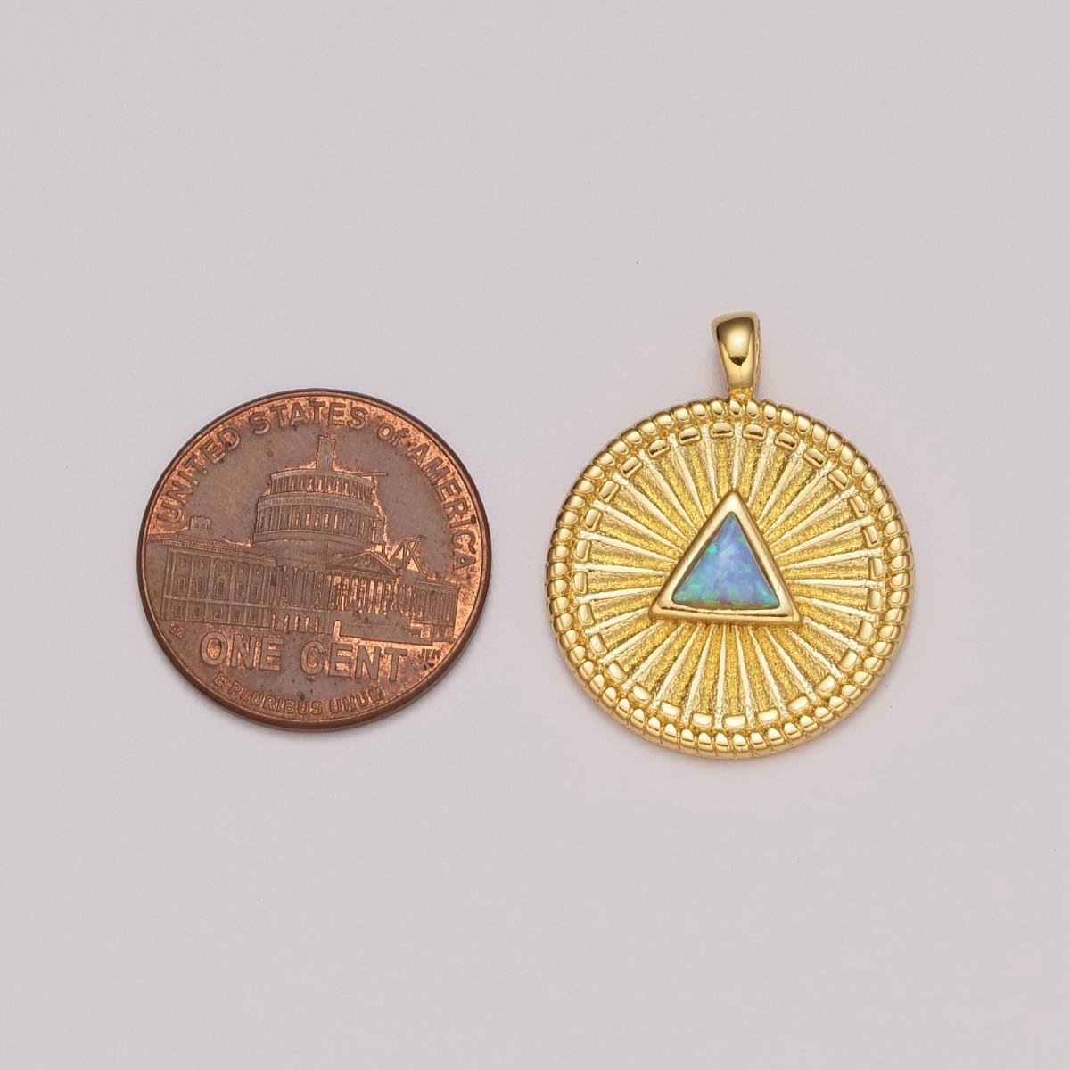 Gold Medallion Charm, Opal Triangle Coin Charm SunBurst Geometric Amulet Layering Necklace charm N-1438, N-1483