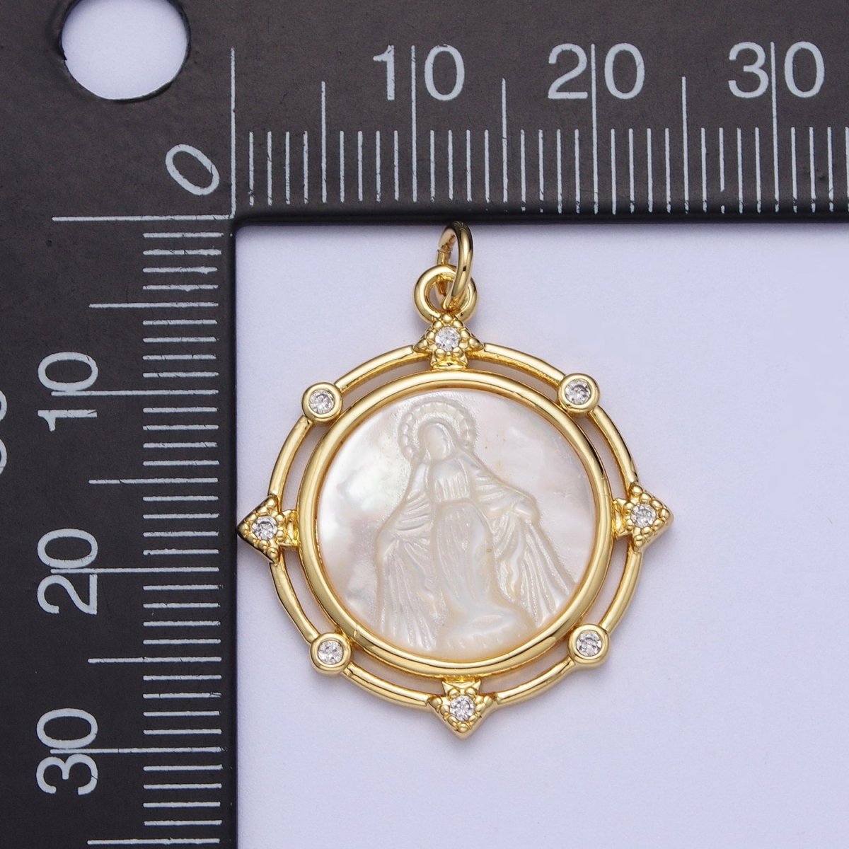 Gold Medallion Miraculous Lady / Evil Eye Mother of Pearl Round Charm Pendant | X-726