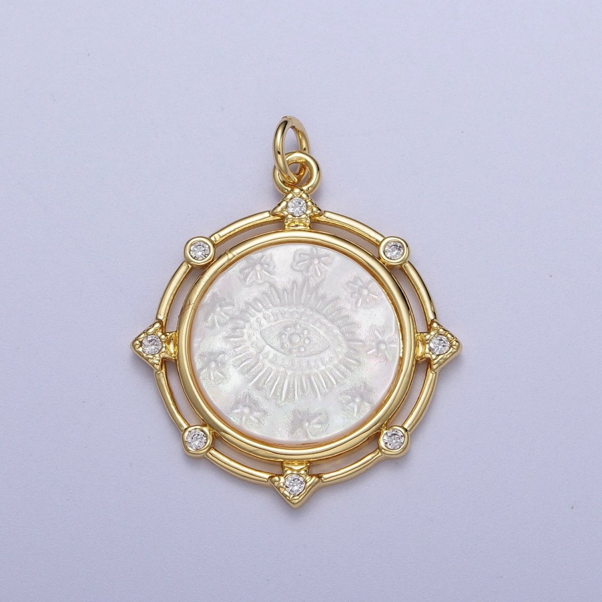 Gold Medallion Miraculous Lady / Evil Eye Mother of Pearl Round Charm Pendant | X-726