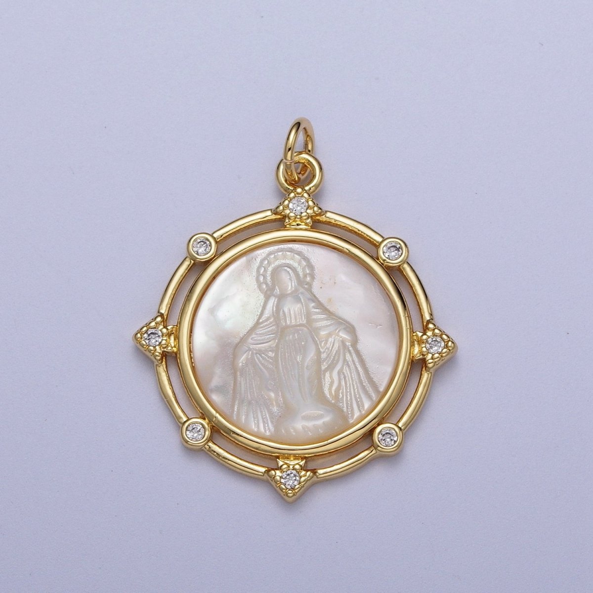 Gold Medallion Miraculous Lady / Evil Eye Mother of Pearl Round Charm Pendant | X-726
