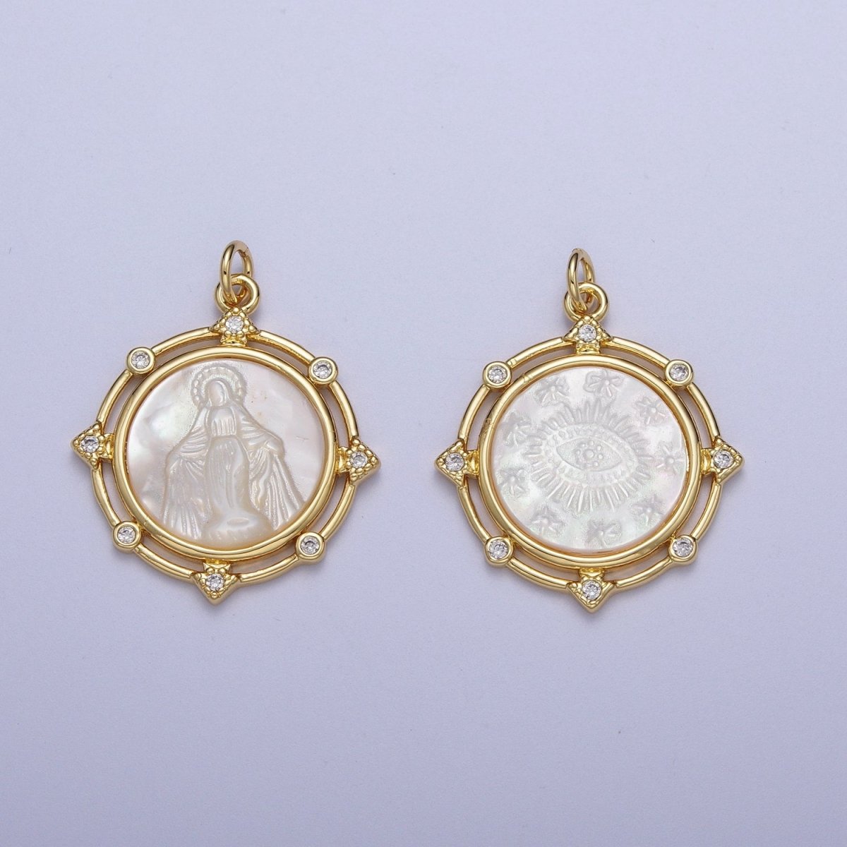 Gold Medallion Miraculous Lady / Evil Eye Mother of Pearl Round Charm Pendant | X-726