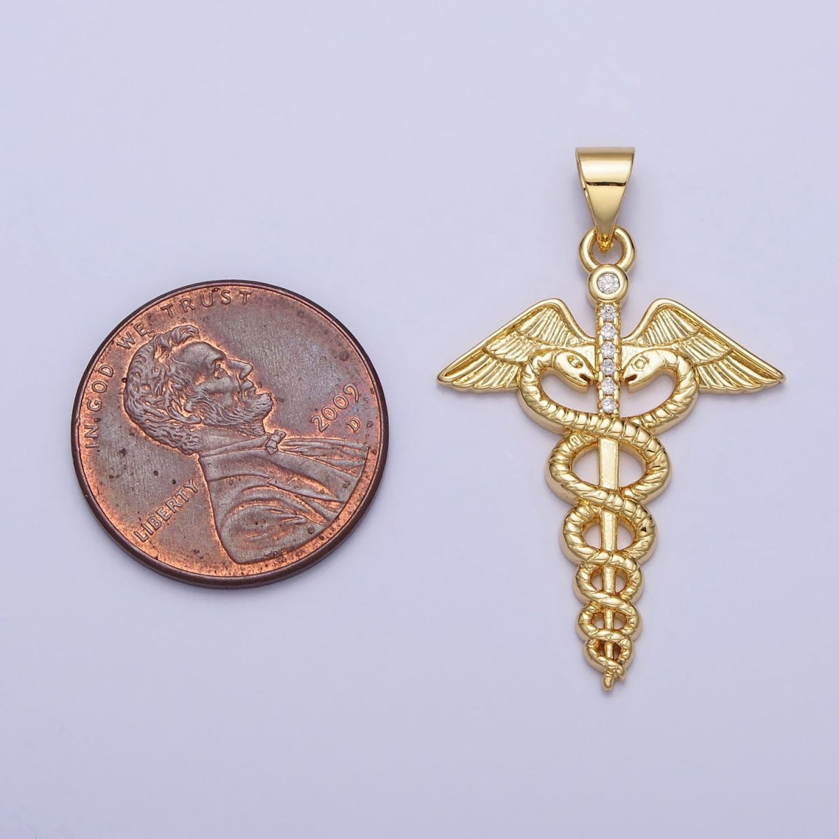 Gold Medicine Caduceus Symbol Hermes Roman Mercury Micro Paved CZ Pendant | AA155 - DLUXCA