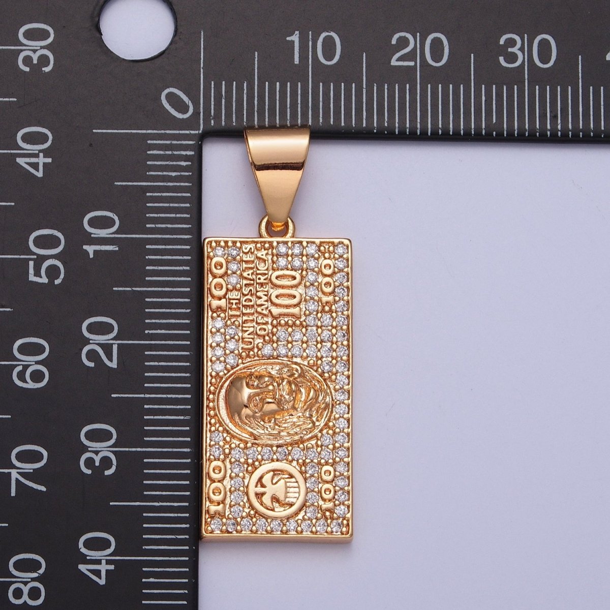 Gold Micro Pave $100 Dollar Bill, Rich Money Pendant Charm For DIY Jewelry Making J-490