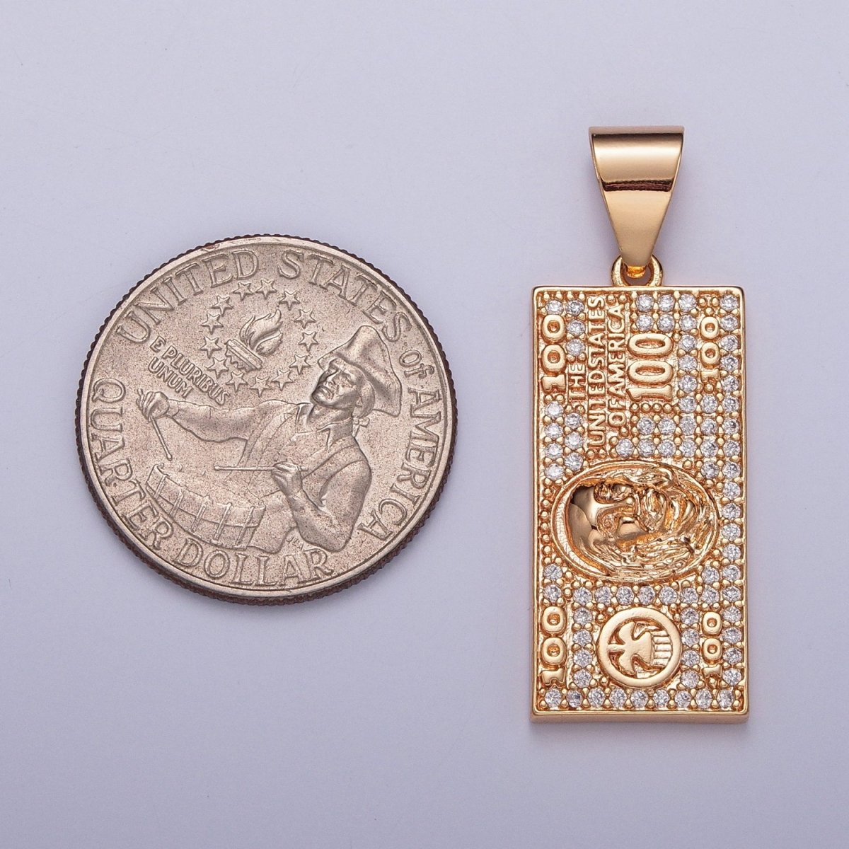 Gold Micro Pave $100 Dollar Bill, Rich Money Pendant Charm For DIY Jewelry Making J-490