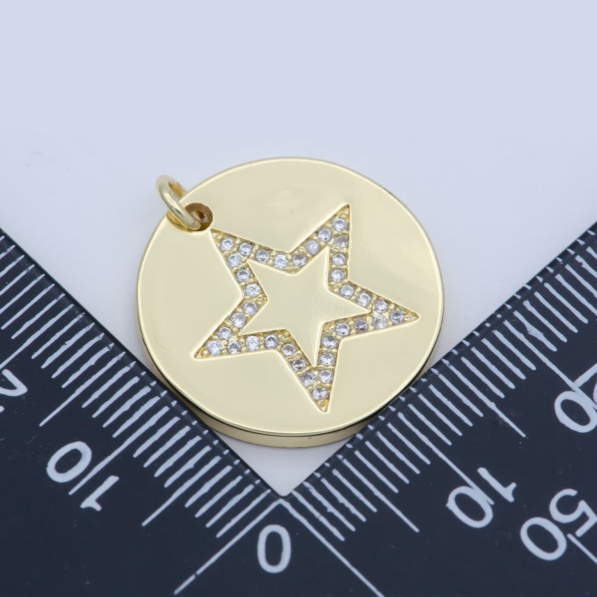 Gold Micro Pave CZ Star Charm, Cubic Galaxy Micro Pave CZ Pendant, Coin Pendant, Celestial Jewelry M-355