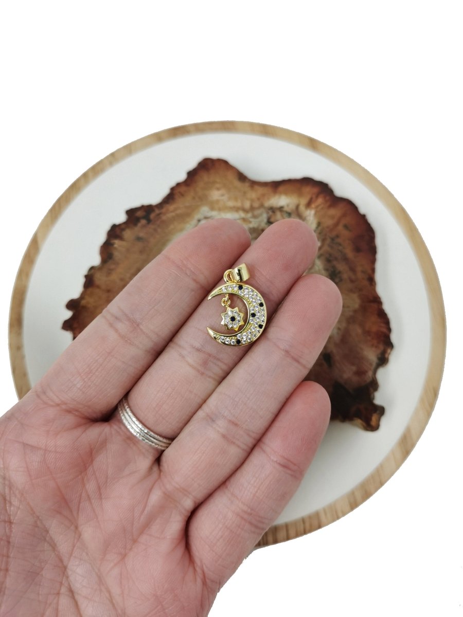 Gold Micro Pave Moon With Star Pendant, Cubic Moon Charm for Necklace Earring Bracelet Charm Supply I-326 - DLUXCA