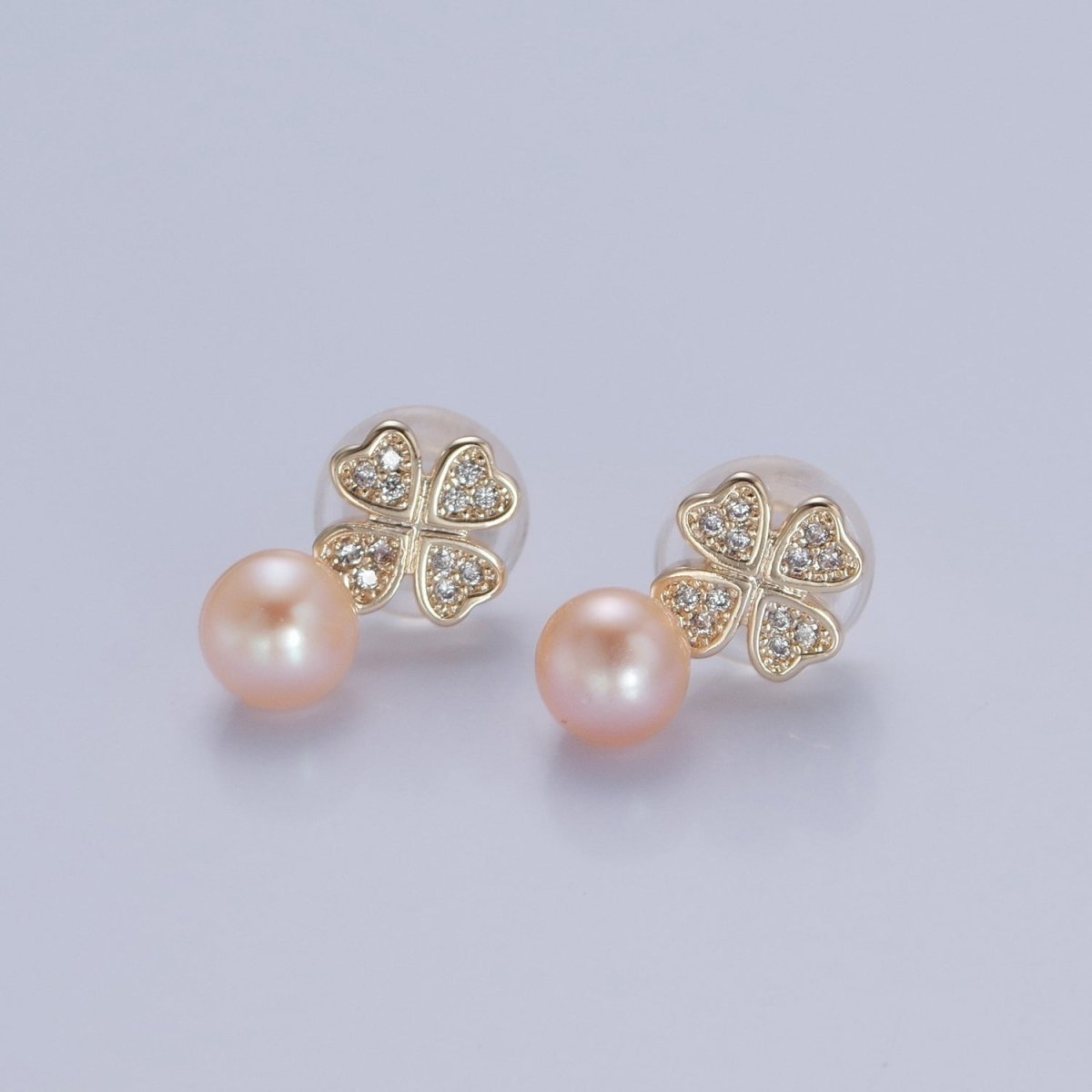 Gold Micro Pave Pearl Clover Stud Earring V-379 V-380 V-381