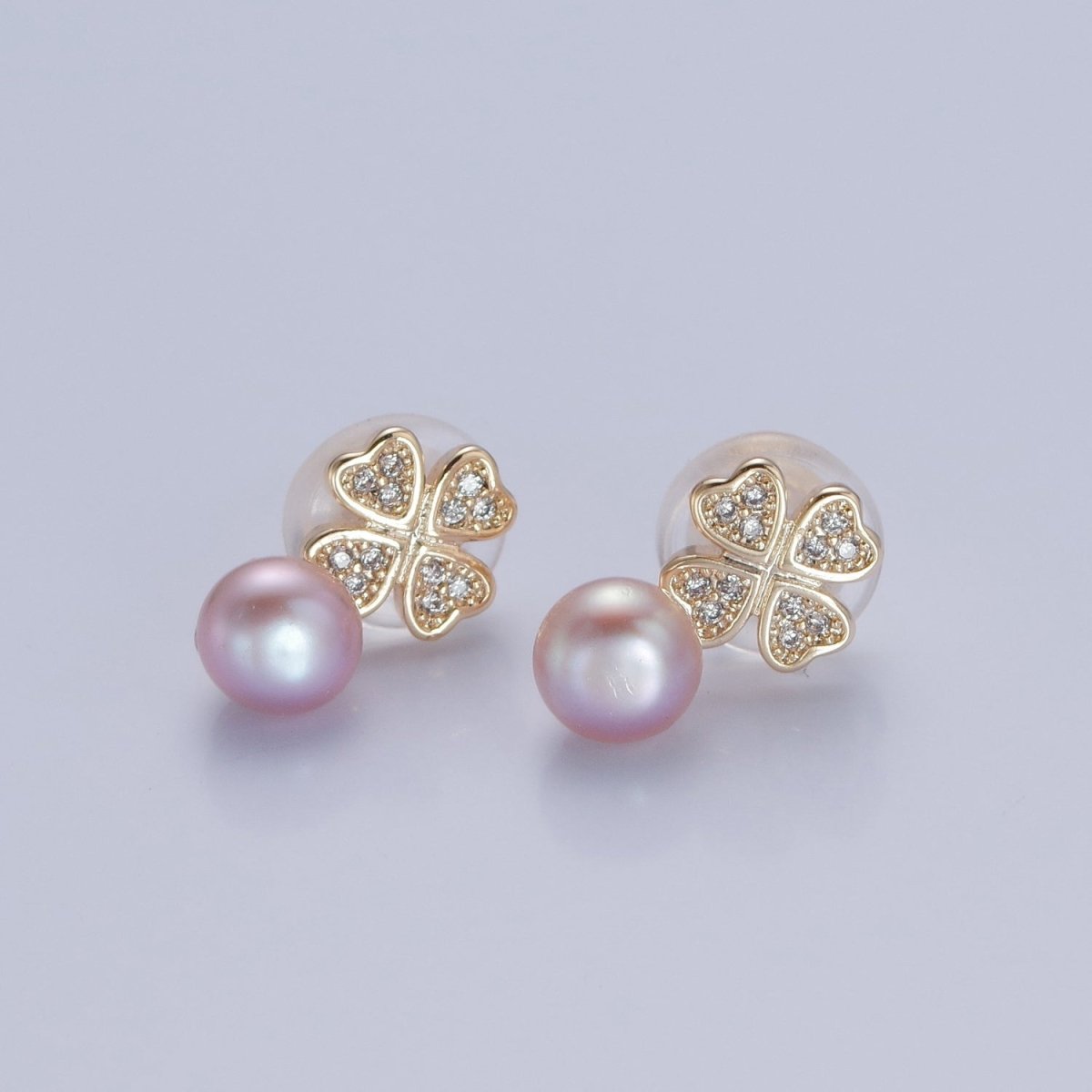 Gold Micro Pave Pearl Clover Stud Earring V-379 V-380 V-381