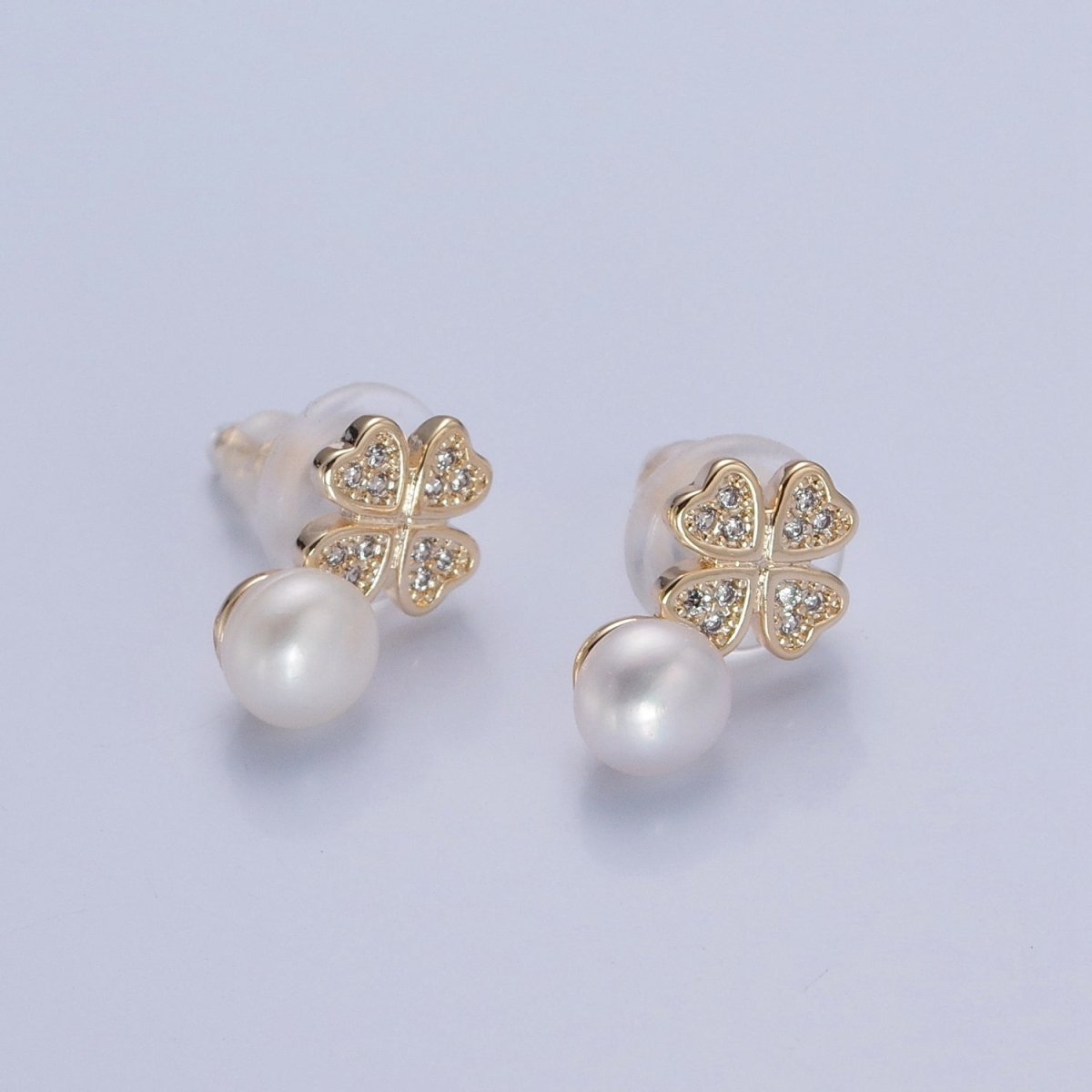 Gold Micro Pave Pearl Clover Stud Earring V-379 V-380 V-381