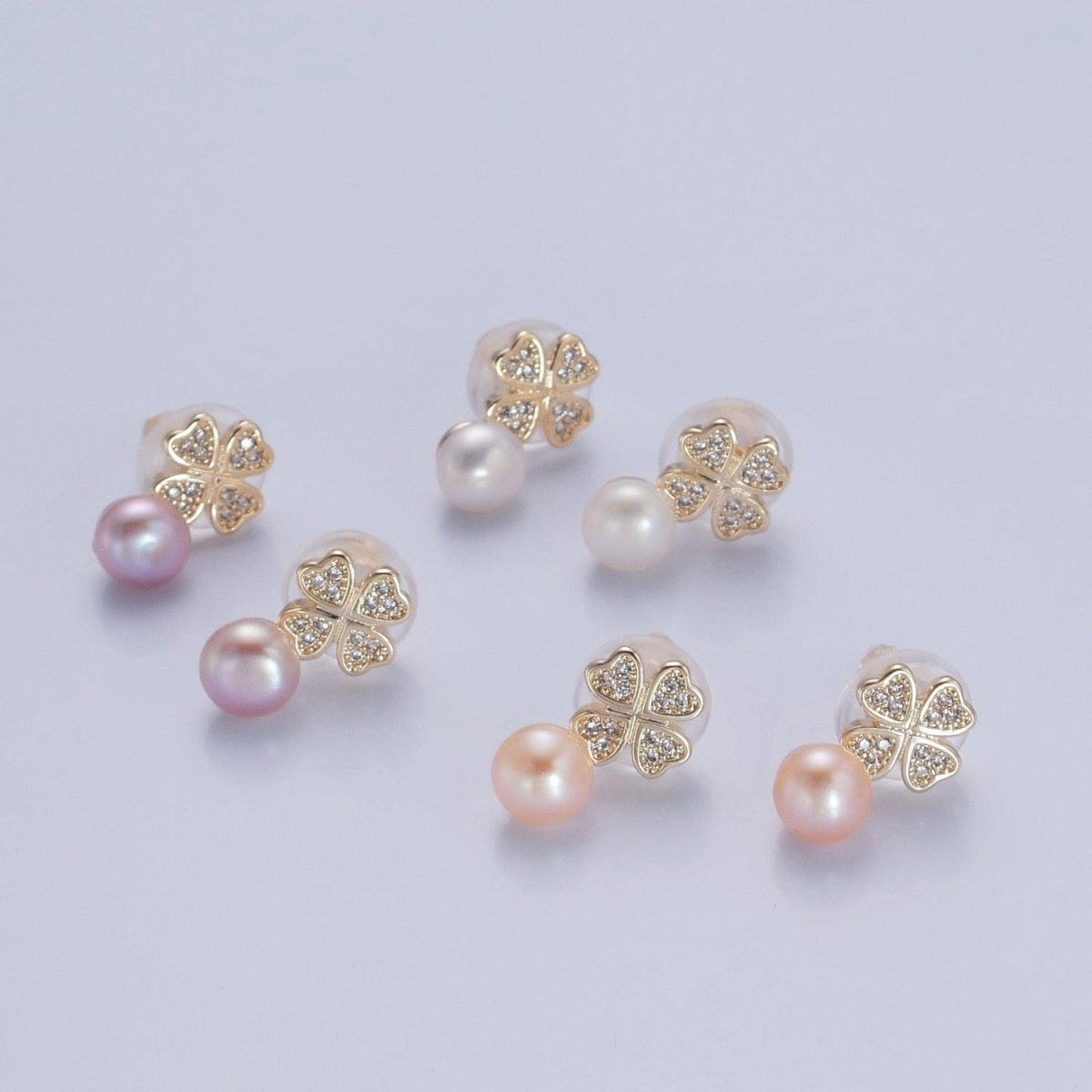 Gold Micro Pave Pearl Clover Stud Earring V-379 V-380 V-381
