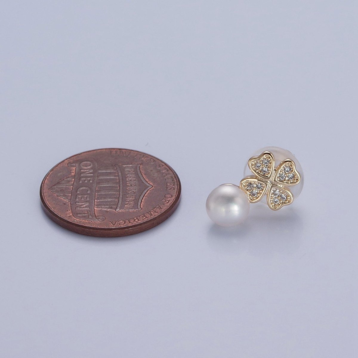 Gold Micro Pave Pearl Clover Stud Earring V-379 V-380 V-381