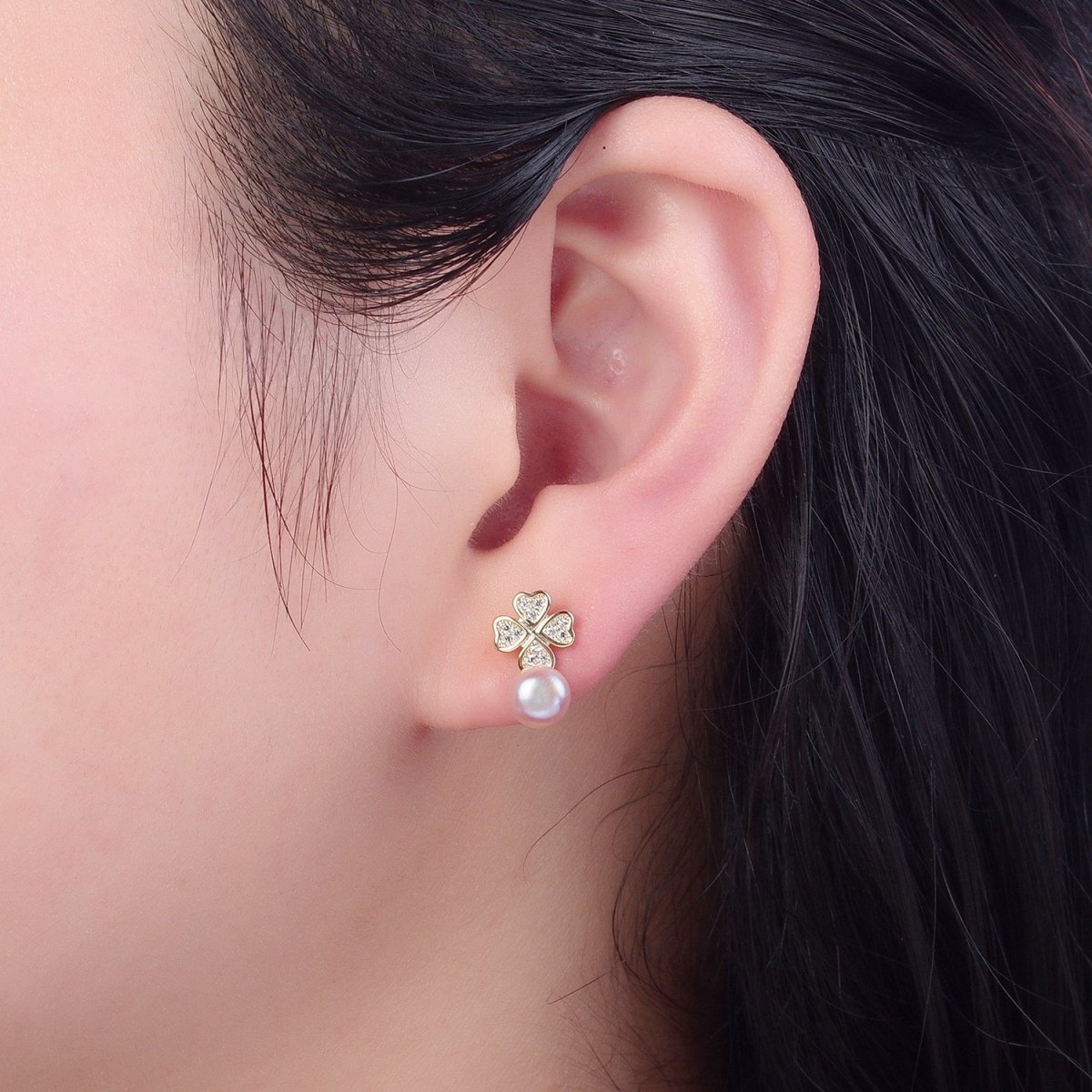 Gold Micro Pave Pearl Clover Stud Earring V-379 V-380 V-381