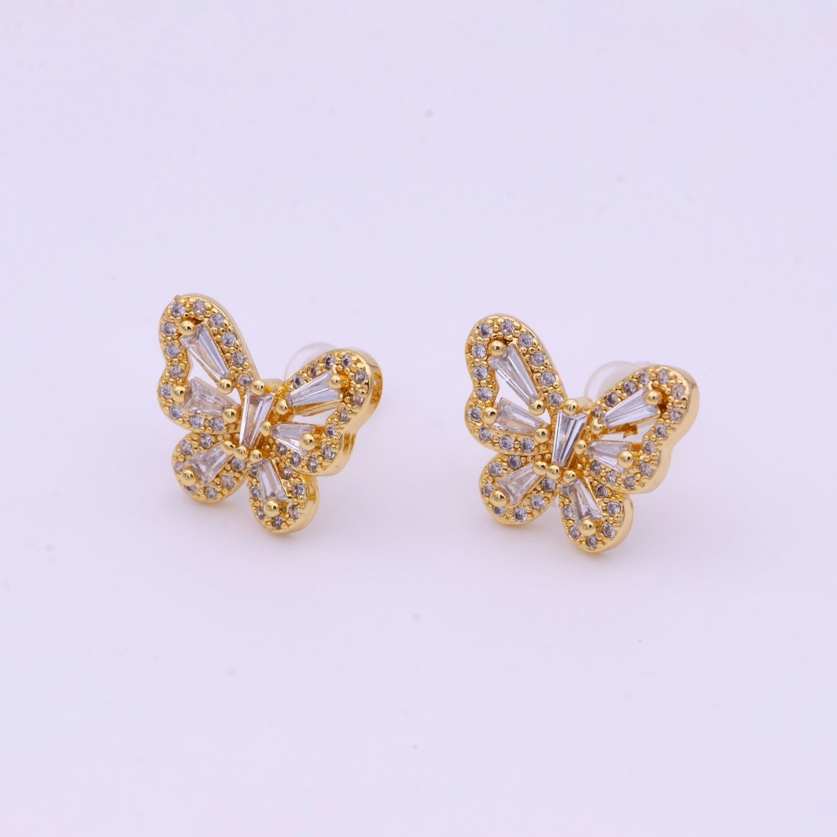 Gold Micro Paved Baguette CZ Mariposa Butterfly Stud Earrings | Y-160 - DLUXCA