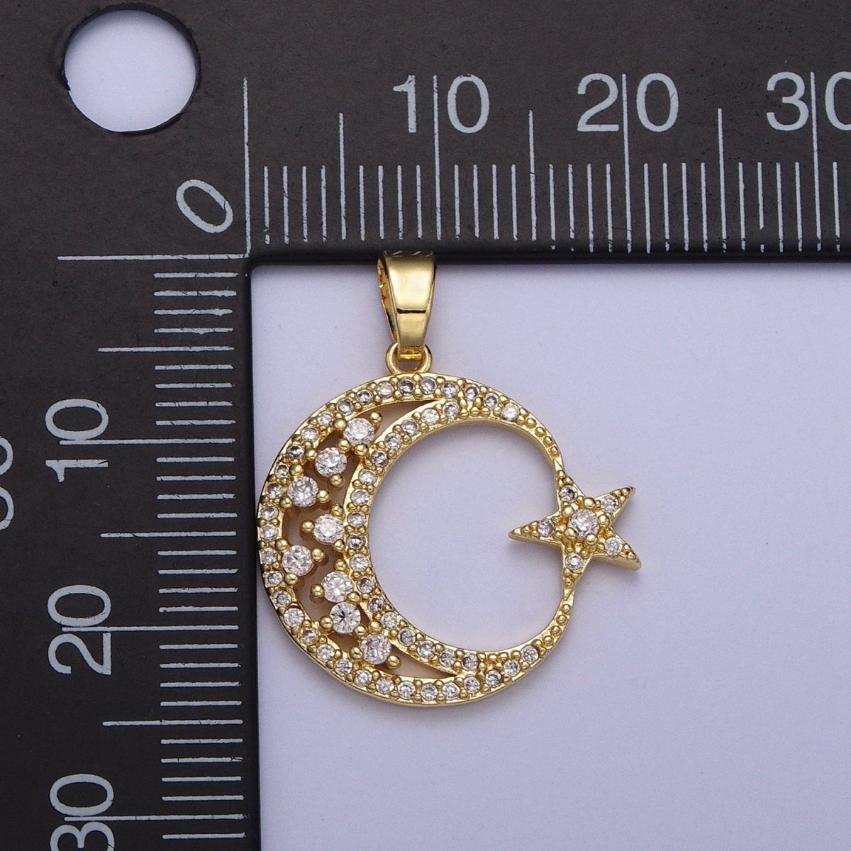 Gold Micro Paved CZ Celestial Crescent Moon Star Pendant H-834 - DLUXCA