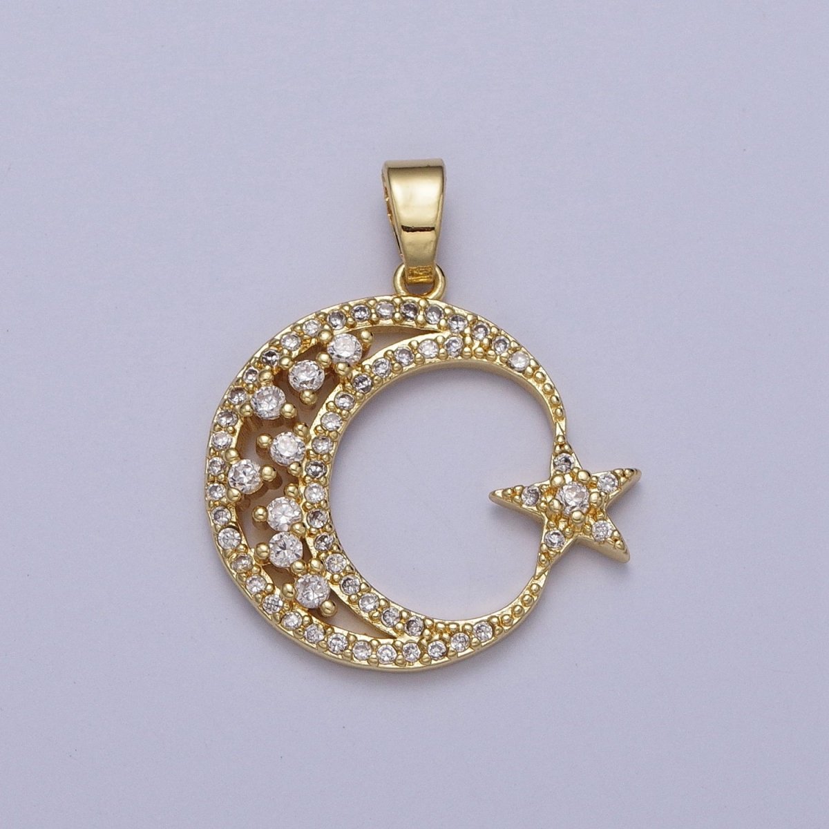 Gold Micro Paved CZ Celestial Crescent Moon Star Pendant H-834 - DLUXCA