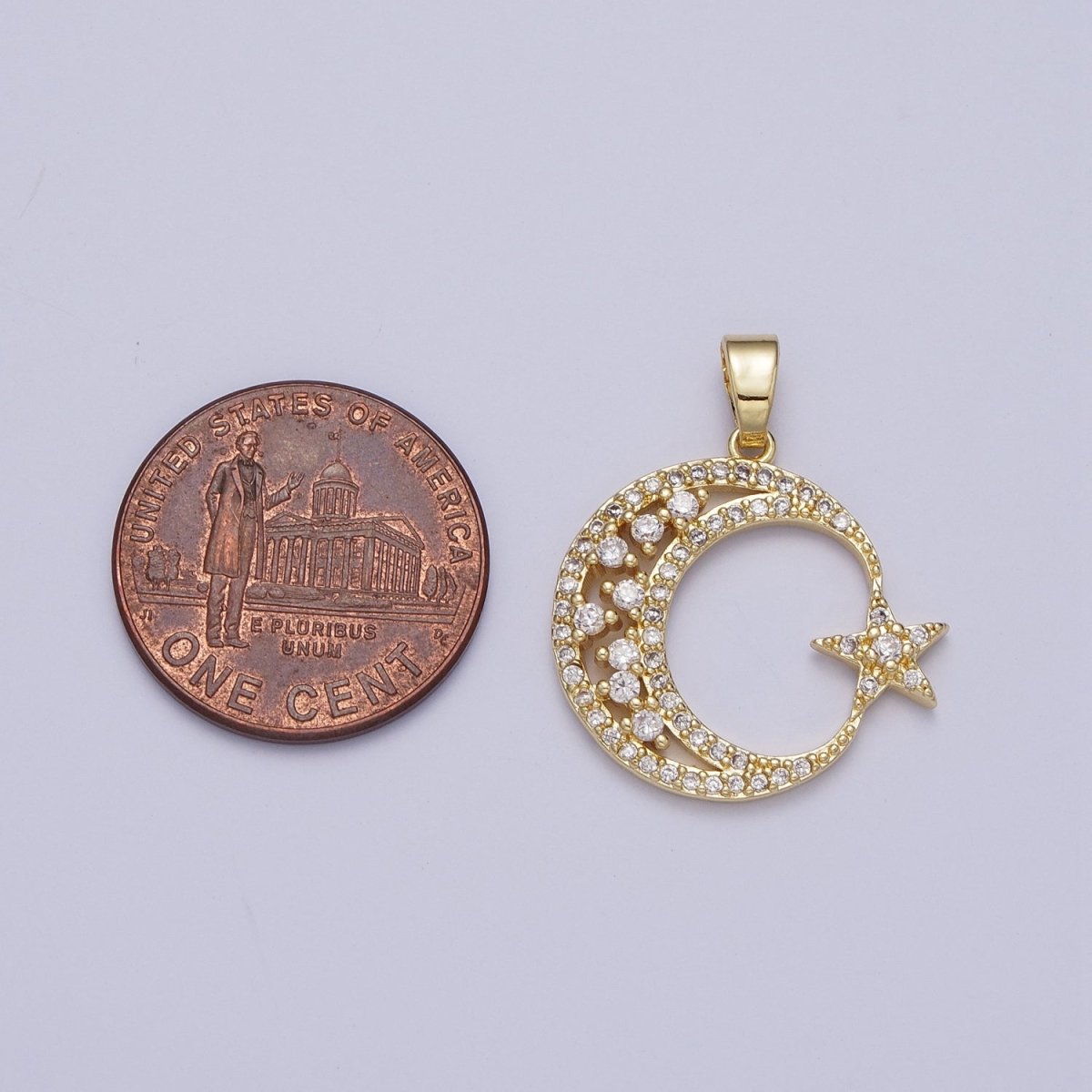 Gold Micro Paved CZ Celestial Crescent Moon Star Pendant H-834 - DLUXCA