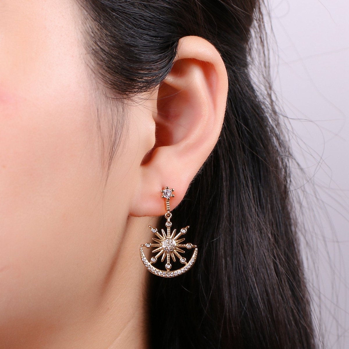 Gold Micro Paved CZ Celestial Sun Moon Stars Cubic Zirconia Dangle Stud Earrings | K-470 - DLUXCA