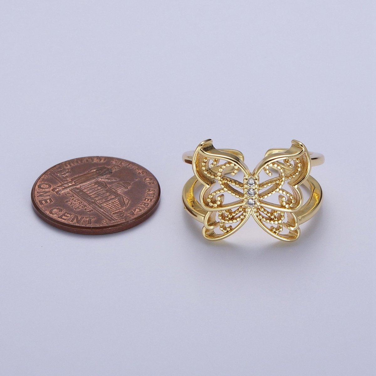 Gold Micro Paved CZ Mariposa Butterfly Engraved Wings Double Band Statement Ring | O-1984 - DLUXCA