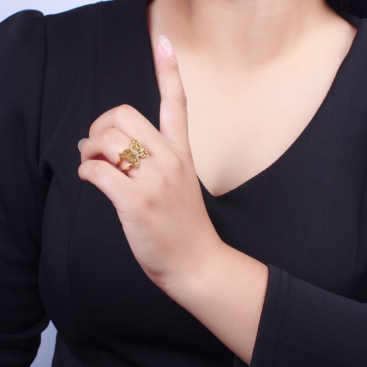 Gold Micro Paved CZ Mariposa Butterfly Engraved Wings Double Band Statement Ring | O-1984 - DLUXCA