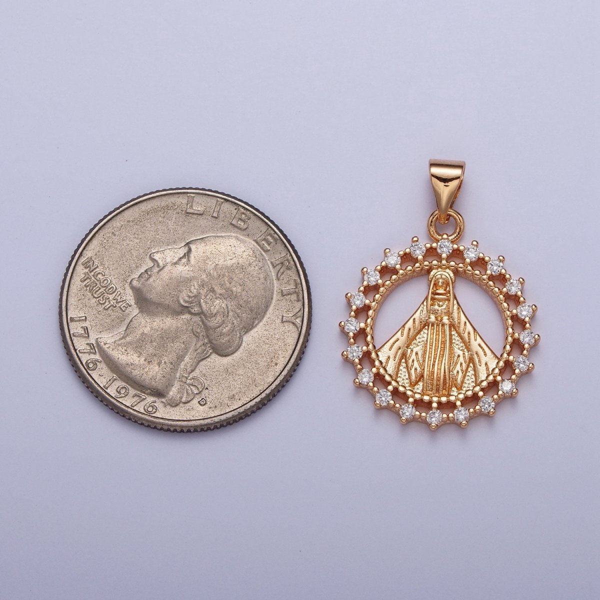 Gold Micro Paved CZ Miraculous Lady Round Medallion Pendant Lady Guadalupe Virgin Mary For DIY Religious Jewelry Making H-730 - DLUXCA