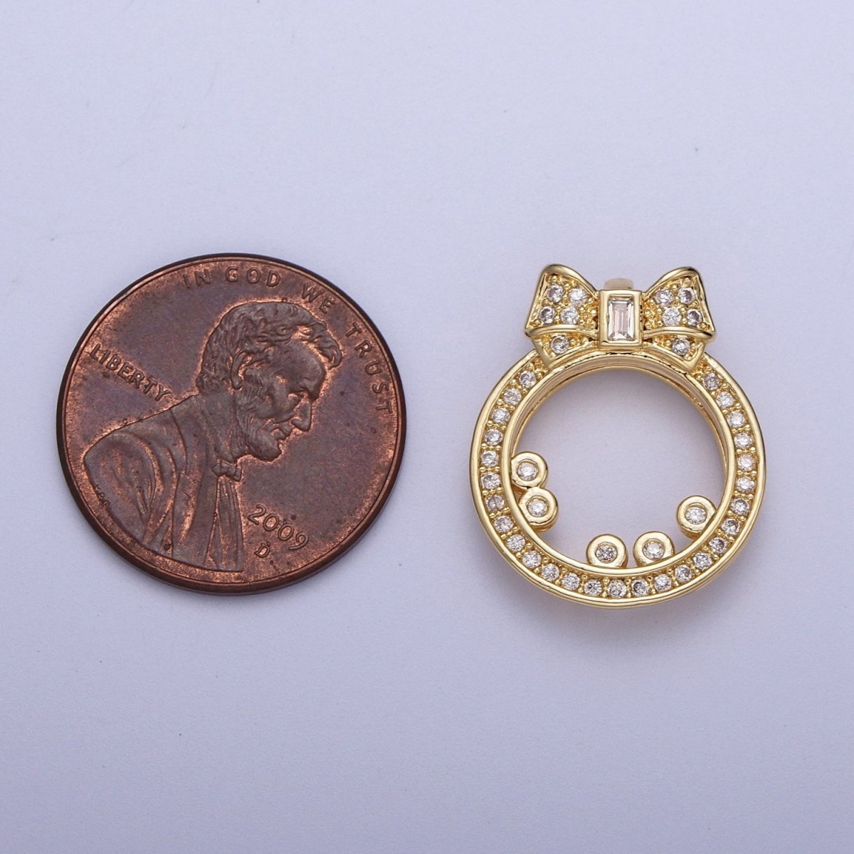 Gold Micro Paved CZ Open Round Baguette Ribbon Pendant For DIY Jewelry Making | X-543 - DLUXCA