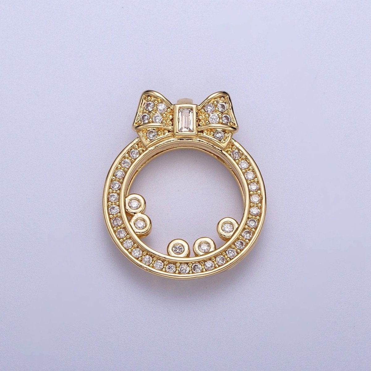 Gold Micro Paved CZ Open Round Baguette Ribbon Pendant For DIY Jewelry Making | X-543 - DLUXCA