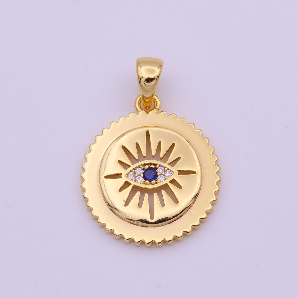 Gold Micro Paved Evil Eye Sunburst Gears Round Pendant I-652 - DLUXCA
