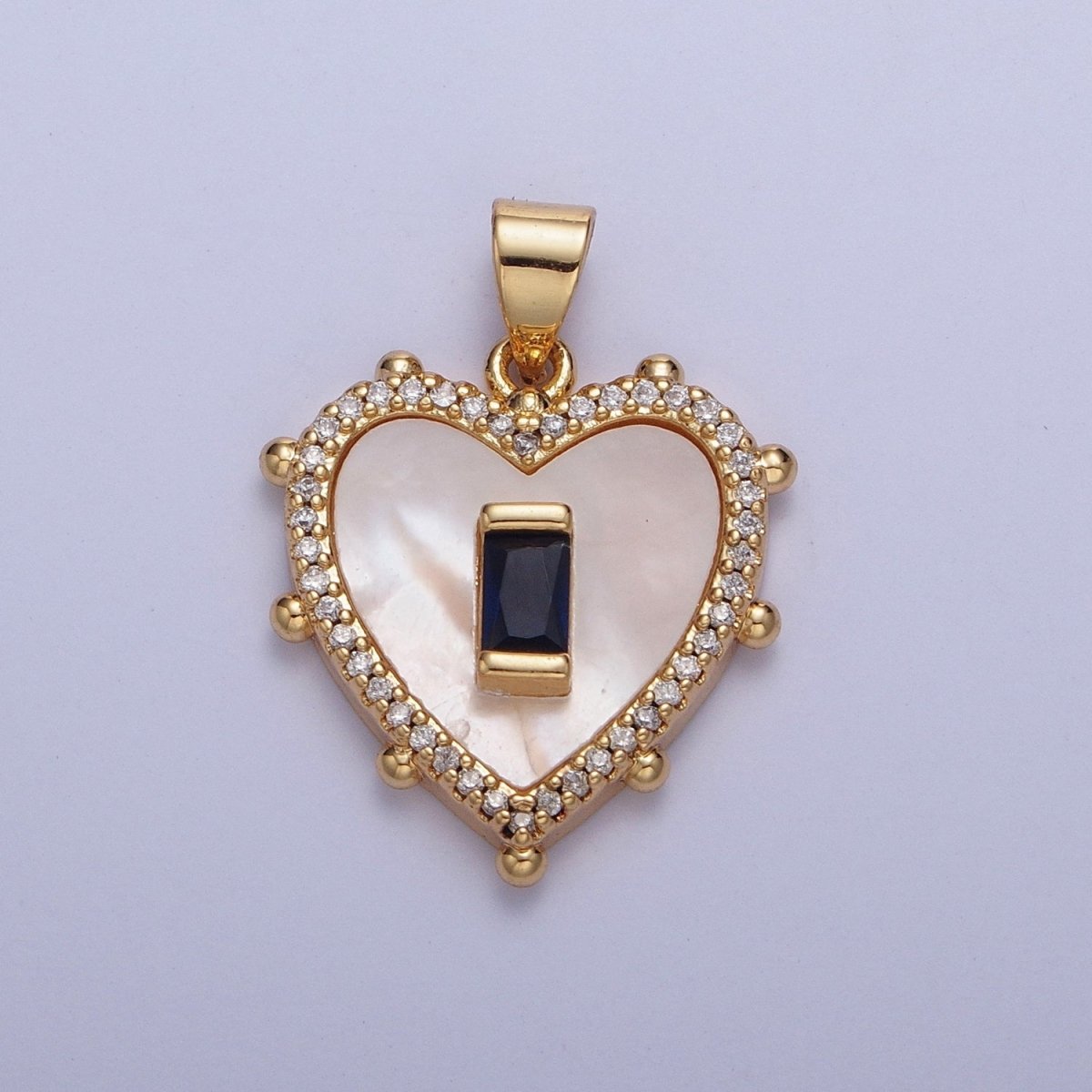 Gold Micro Paved Heart Shell Pendant Charm with Fuchsia, Green, DarkBlue, Turquoise Baguette Cubic Zirconia For Valentine | X-416-X-418