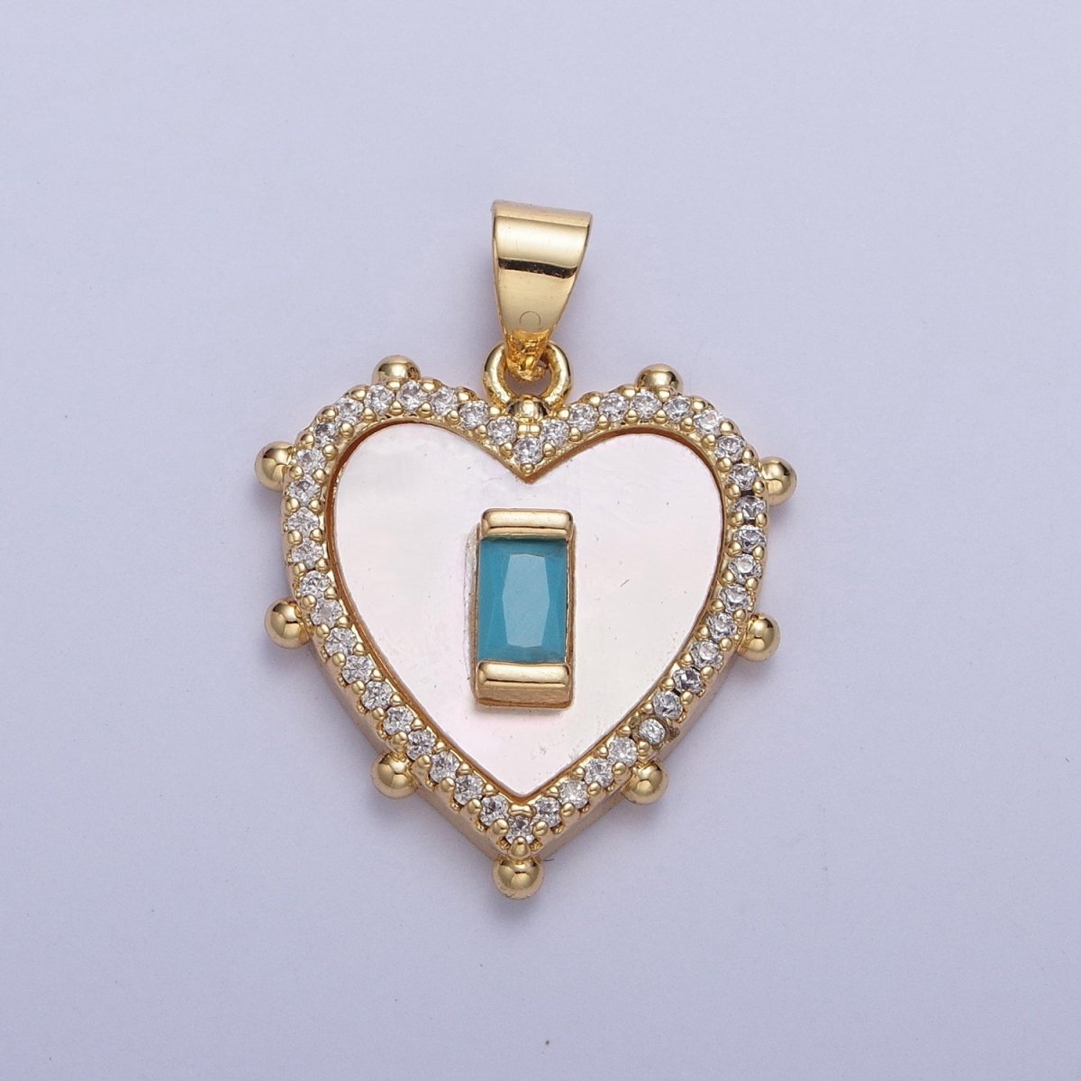 Gold Micro Paved Heart Shell Pendant Charm with Fuchsia, Green, DarkBlue, Turquoise Baguette Cubic Zirconia For Valentine | X-416-X-418
