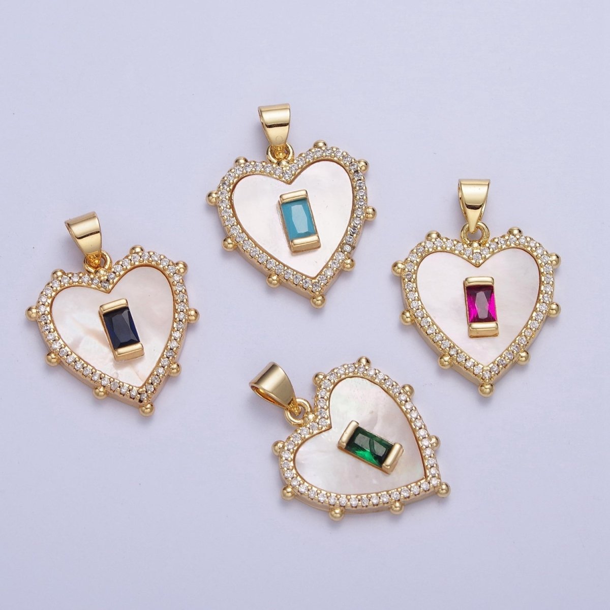 Gold Micro Paved Heart Shell Pendant Charm with Fuchsia, Green, DarkBlue, Turquoise Baguette Cubic Zirconia For Valentine | X-416-X-418